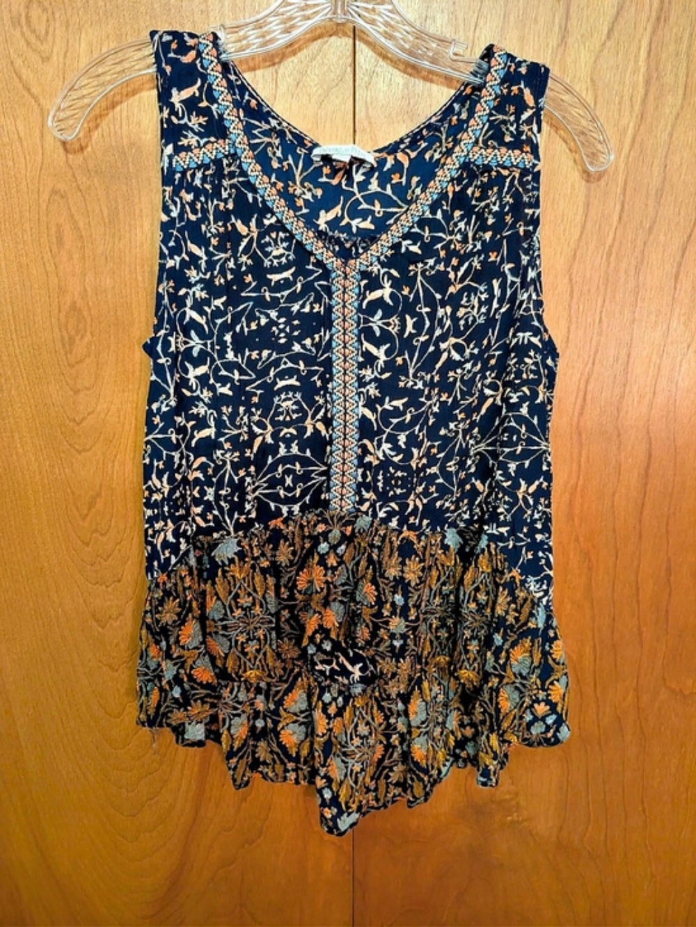 Patrons of Peace Floral Embroidered Trim Tunic in Blue & Orange
